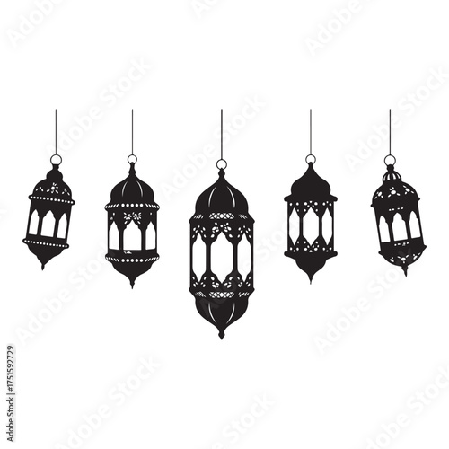 Elegant black and white illustration featuring a row of ornate ramadan lanterns suspended against an isolated on white background, creating a festive atmosphere