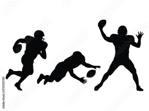 Black silhouettes of american football players in action white background