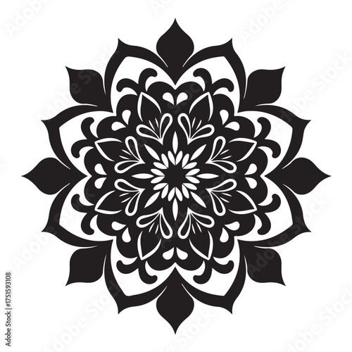 Elegant black mandala design isolated on white background, featuring intricate floral patterns and symmetrical elements for a harmonious composition