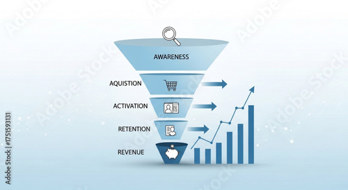 Sales funnel diagram with stages of awareness, acquisition, activation, retention, and revenue marketing strategy