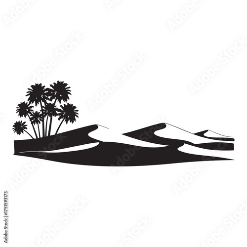Palm trees oasis in the desert dunes isolated on white background a serene landscape with palm trees and sand dunes in a minimalist style