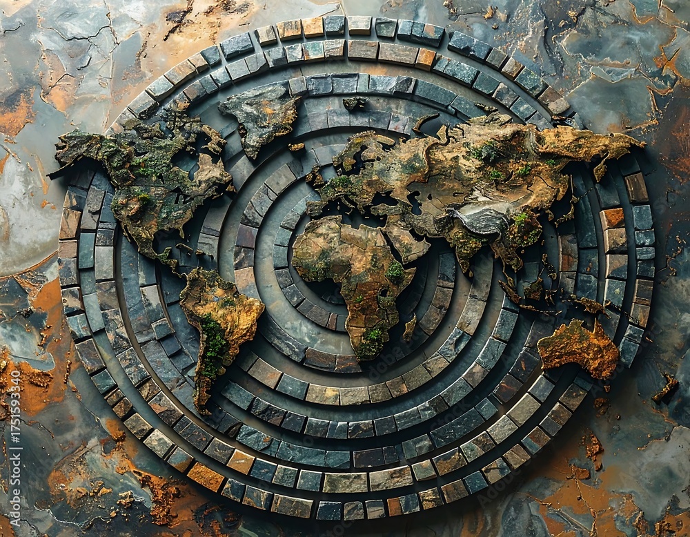 Fototapeta premium World map, stone mosaic, concentric circles, textured