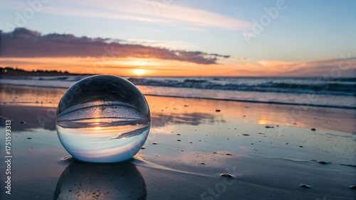 Crystal ball placed on wet sand, reflecting inverted sky and ocean horizon, glowing sunset colors, surreal yet realistic composition, cinematic lighting in 8K