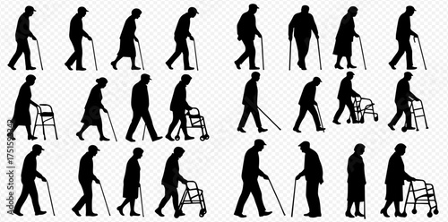 Silhouettes of elderly people walking with canes and walkers, depicting aging and mobility challenges.