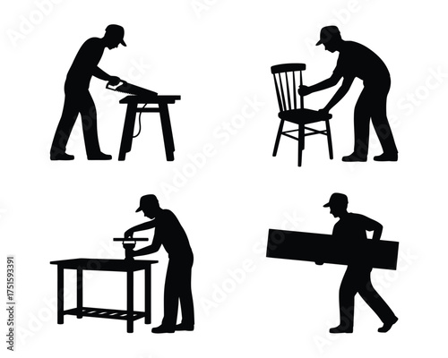Black silhouettes of carpenters working with wood woodworking table