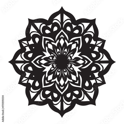 Elegant mandala design isolated on white background, featuring intricate floral patterns and symmetrical shapes, perfect for coloring books and relaxation