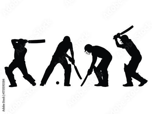 Black silhouettes of cricket players batting sport action vector
