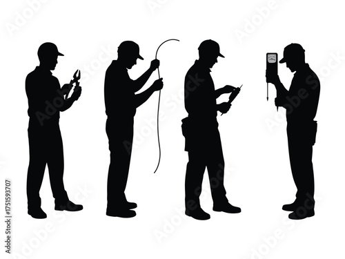 Black silhouettes of electricians working with tools and equipment white background