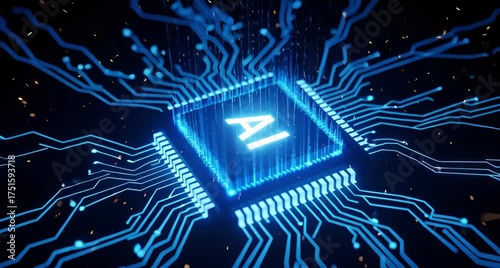 Closeup of a luminous ai processor embedded in a complex electronic circuit board, showcasing advanced technology and digital connectivity animated 4k video