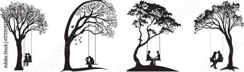 Silhouette of couples sitting on tree swings, symbolizing love, peace, and togetherness, perfect for romantic wall art, nature-inspired posters, minimalist illustration, and relationship or emotional 