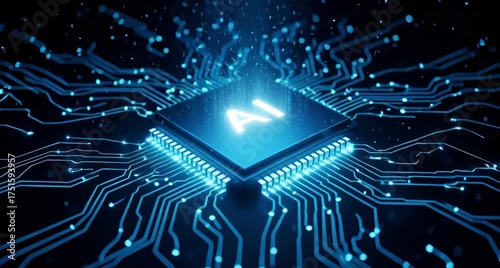 Abstract glowing blue ai chip on a dark circuit board background with digital data streams, representing artificial intelligence and technology animated 4k video