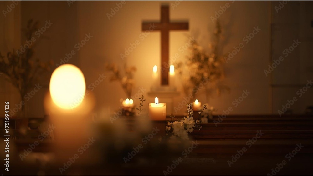 Naklejka premium soft candlelight glowing in church with cross silhouette