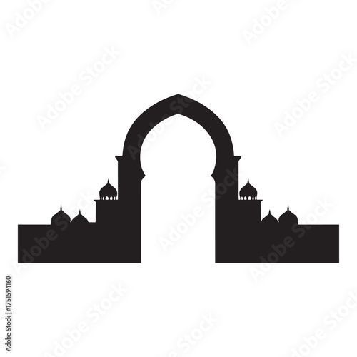 Silhouette of an ornate archway isolated on white background, reminiscent of middle eastern architecture, creating a sense of mystery and grandeur