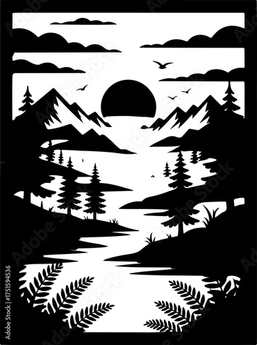 Laser cut diamond panel of serene mountain landscape at sunrise