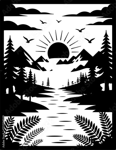 Laser cut diamond panel of serene mountain landscape at sunrise