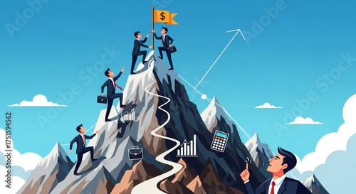 Business team climbing mountain to success, symbolizing teamwork, ambition, and achievement in a dynamic and challenging environment with financial growth