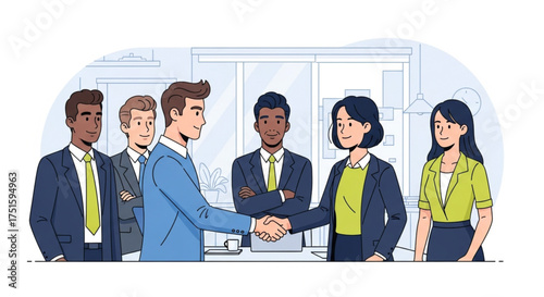 Business people shaking hands after successful negotiation, symbolizing partnership, agreement, and collaboration in a modern office setting