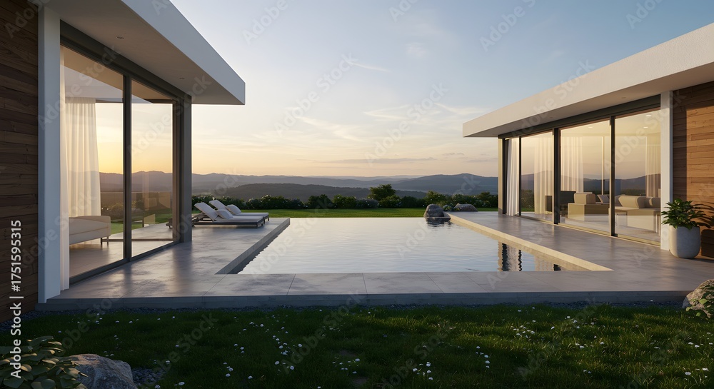 Fototapeta premium Modern Luxury Villa with Infinity Pool at Sunset