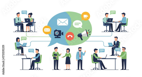 Business communication concept with people working on laptops, tablets, and smartphones, vector illustration for web