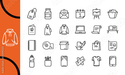 General Merchandise and Product Line Icon Set – Shopping, Packaging, Apparel, Stationery, and E-commerce Outline Icons