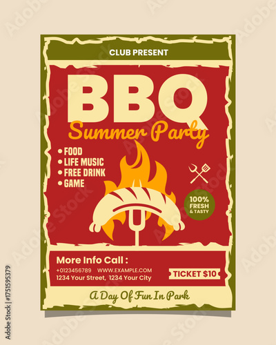 BBQ Summer Party Vertical Portrait Flyer or Poster Red And Green Retro, BBQ invitation poster vector template design.