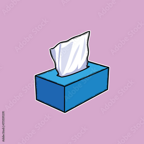 Blue Tissue Box With White Tissue Against Pink Background Clean, Fun Pop Art Illustration