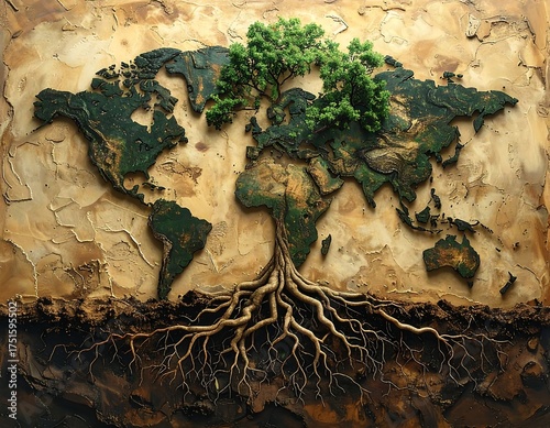 World map with large tree & roots