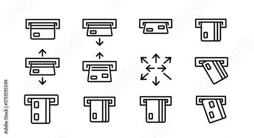 Set of atm card insertion and withdrawal icons with arrows
