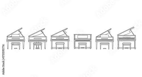 Collection of hand drawn sketches of grand pianos in a row