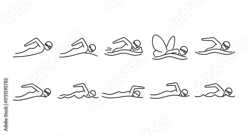 Collection of stylized line art illustrations of swimmers in various strokes