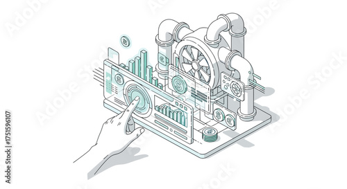 Hand interacts with complex digital interface on futuristic platform, showcasing data and technology in clean, modern style.