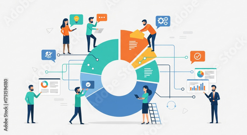 Business people working together on pie chart team analyzing data and statistics for company growth and success