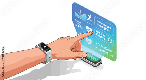 Hand interacts with futuristic smartwatch interface displaying personalized training plan in a clean, modern environment, showcasing health and technology integration.
