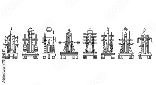Architectural sketch of a row of abstract futuristic buildings or towers