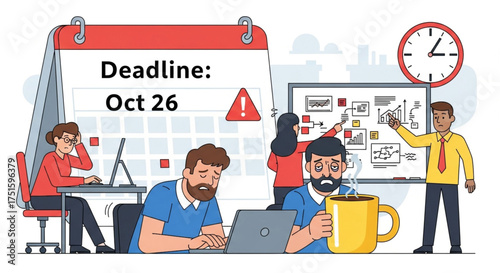 Stressed team facing deadline on calendar, working late with project plan and clock ticking, showcasing urgency and pressure