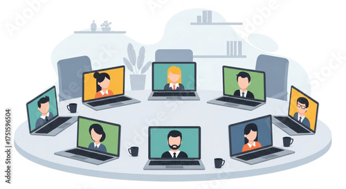 A virtual meeting is in progress with people connecting remotely via laptops, showcasing modern communication and collaboration technology