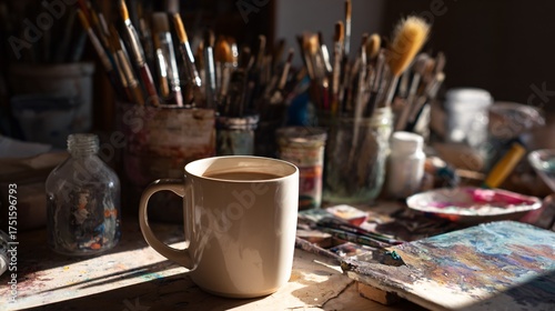 Mug of coffee sits among paintbrushes and art supplies in warm sunlight.