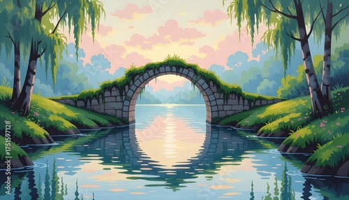 Sunset Landscape with Moss-Covered Arch Bridge and Willows