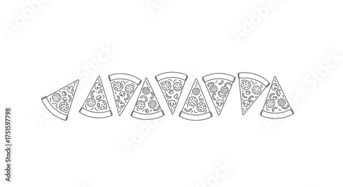 Hand drawn line art slices of pizza arranged in a row