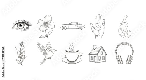 Collection of hand drawn line art illustrations of various objects and symbols