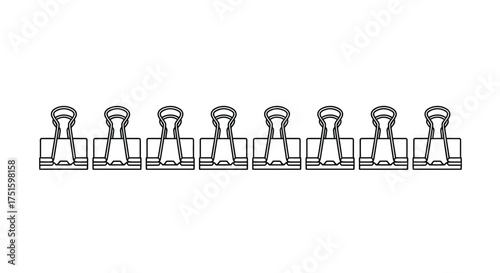 Row of identical black binder clips against a white background