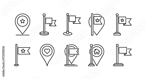 Collection of location pins and flags icons for navigation and travel