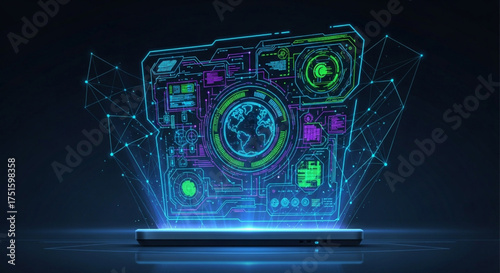 Futuristic smartphone displaying a holographic interface with global data, connecting people and information in a digital network on a dark background