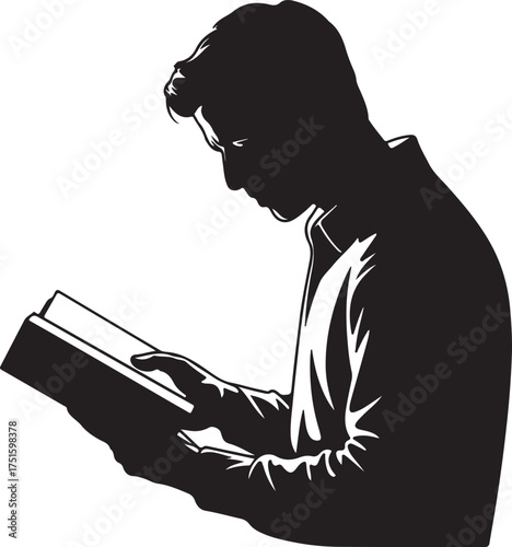 Profile Silhouette of a Man Holding Book and Reading Enjoying Education and Quiet Moment Vector Graphic