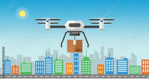 Drone delivery service concept with a drone carrying a package over a cityscape with buildings, sun, and blue sky