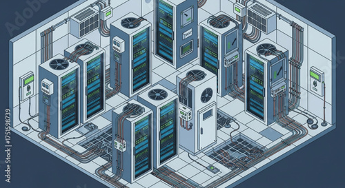 Isometric illustration of a server room with multiple servers, air conditioners, and cables, showcasing data center infrastructure