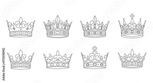 Collection of eight ornate hand drawn crown illustrations in black and white