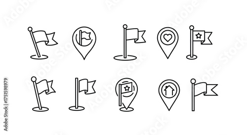 Collection of hand drawn flag and location pin icons