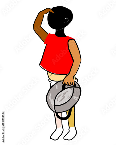 Niño o niña con una olla vacía en la mano. Niño o niña multicolor con hambre. Ilustración multiracial sobre problema mundial de comida en la infancia.