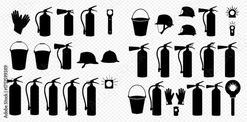 Silhouetted fire safety equipment including extinguishers, helmets, buckets, gloves, and flashlights arranged on a transparent background.